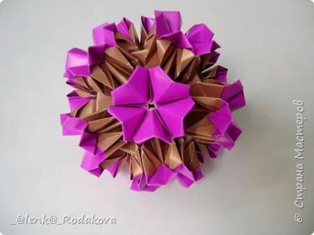 Кусудама "Primrose".
Бумага: 6,5х6,5+ 4.5х4.5 см
Диаметр: 8 см
http://kusudama.info/2012/04/Primrose-tutorial/
 (фото 2)