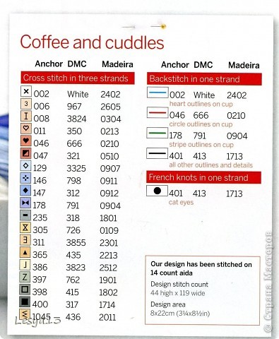 Карта цветов для котят в чашках. 
Вышивается в три нити. Контур и усы - в одну нить. Глазки вышиваются французскими узелками. (фото 11)