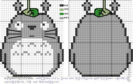 У Тоторо я вышила ушки потолще. На схемке они держаться всего на одной клеточке, мне показалось это недостаточным. (фото 4)