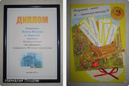 Собственно сам дипломчик, уже в рамочке, и чудесная открытка ручной работы с множеством прекрасных пожеланий!!! (фото 2)