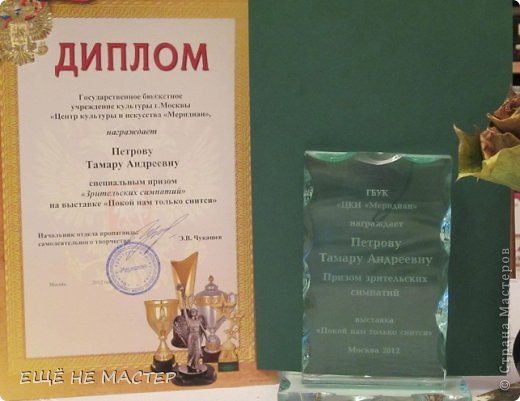 А это награда, которая нашла "героя". На недавно прошедшей выставке декоративно- прикладного творчества, о которой я делала фоторепортаж https://podjem-tal.ru/node/421997, один из трёх призов зрительских симпатий достался мне за работы в контурном ( графическом ) квиллинге. Так что , не пропал мой "скорбный" труд. (фото 9)