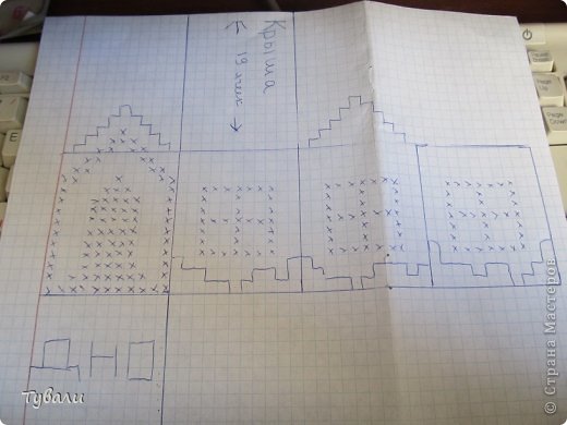 Измеряем коробочку - форму, вяжем образец, рассчитываем количество ячеек, рисуем схему.
У меня вышел немного приземистый домик, поэтому на итоговой схеме добавила две ячейки снизу стен.  (фото 2)