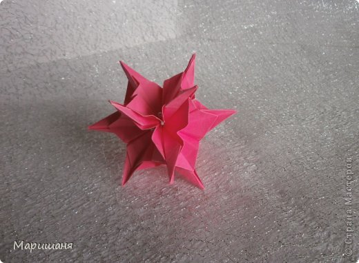 Увидев в чьей-то работе упоминание о книге Meenakshi Mukerji "Ornamental origami", просмотрела эту книгу и мне очень понравились цветочки, выполненные на основании модуля Windmill (это наверное вертушка на русском), захотелось мне их все сделать. Вот это первая, sunburst (фото 9)