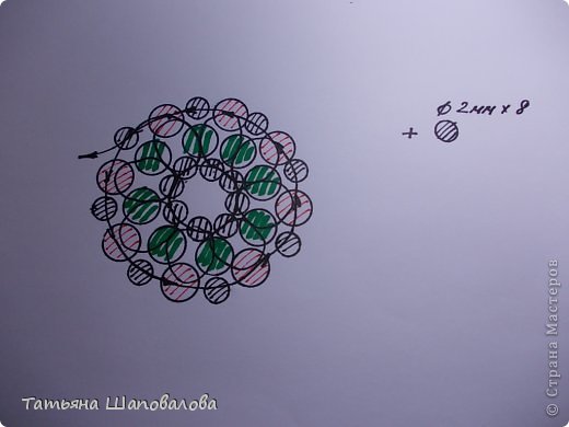 3 шаг. Между бусинками верхнего ряда /д.6мм/ провязываем 8 бусинок д.2мм. (фото 5)