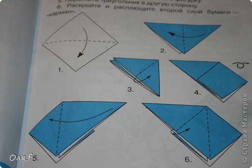 1. Сложите квадрат по диагонали.
2. Сложим треугольник пополам.
3. Расплющим верхний слой.
4. Переверните фигурку.
5. Перегните треугольник в другую сторону.
6. Раскройте и расплющите второй слой бумаги
 (фото 30)