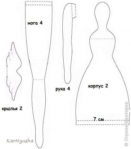 Выкройка, по которой сшито тело куклы. Если распечатать на лист формата А4, то получится кукла высотой около 43 см. (фото 3)