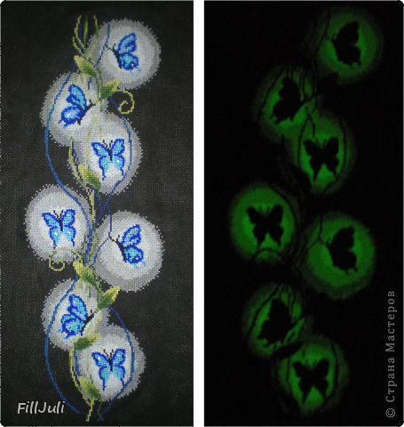 Эта картина вышита нитками, которые светятся в темноте. Бабочки из бисера и страз. Смотрится очень здорово, детям нравится. (фото 2)