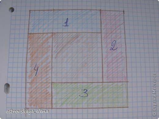 Вот схема. Вокруг квадрата: первый лоскут с отступом от края на 1/3, потом по кругу, после четвертого первый пришивается до конца. (фото 7)