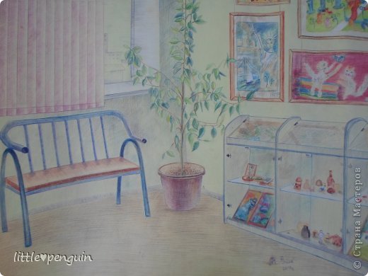Интерьер в дхш.
3 класс 3 четверть,формат А2. (Акварельные карандаши , тонированный лист) (фото 10)