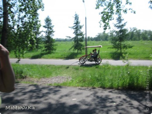 Движение осуществляется по кругу. Надо сказать, что расстояния не маленькие, даже для велосипедистов. Поэтому накататься можно вдоволь. Дороги разлинованы. Есть "желтая" полоса движения, где можно пройти пешком, либо пробежать легкоатлету. 
А вот такие веломашинки ( я даже не знаю как они правильно называются)есть на 2 и 4 посадочных места. Все крутят педальки, а один еще и рулит. Над головой тент.  (фото 7)