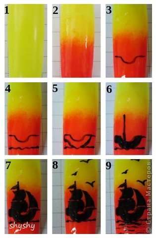 Фото-урок "Парусник"
1. Наношу белый лак(для более яркого оттенка неона,т.к. сам неоновый у меня не плотный), жду полного высыхания, далее покрываю в 2 слоя неоновый ( china glaze "celtic sun")Все слои тщательно просушиваю.
2.Делаю градиент chaina + novelty 701. Этот лак у меня Ярко-розового цвета, при смешении с жёлтым,даёт дополнительный оранжевый, поэтому кончик ногтя дополнительно промазываю лаком,для более насыщенного розового цвета.
3.Черной акриловой краской рисую верхнюю часть корпуса корабля .
4.Далее поверхность воды,чтобы понять где должен закончится корабль.
5.Дорисовываю корпус корабля.
6.Закрашиваю корпус и ставлю мачту.
7.Далее паруса и флаг.
8.Теперь по небу летают птички
9.Тонкими волнистыми линиями прорисовываю волны. После того,как краска высохла, покрываю топом. (фото 3)