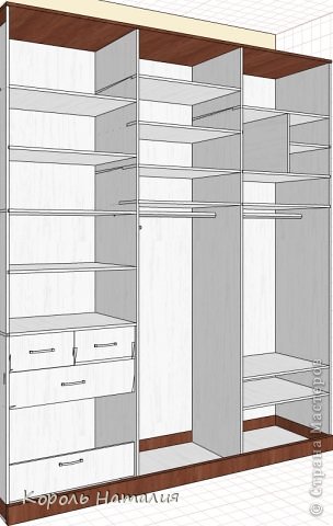 Внутренность стенки и шкафа-купе проектировала под свои нужды, поэтому каждая полочка имеет свои соответствующие размеры. Суть использования этой програмы для меня была не столько в точной проектировке (мебельщик делал свой проект, поскольку есть масса нюансов чисто технических неведомых для меня, кстати в этой же программе), а в том, как эта идея будет смотреться в реальных размерах и со всех ракурсов...  прога дает возможность крутить и вращать любой объект со всех сторон и при необходимости перерисовывать сколько угодно раз, что проблемно на бумаге. В результате еще и получила свою дизайнерскую скидку, чему была очень рада... (фото 5)