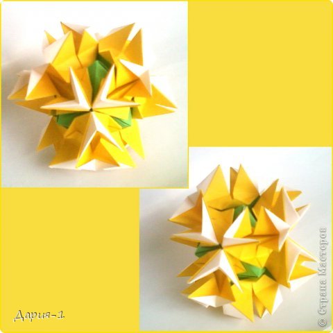 Name: Amazonia-2
Collection «Flowered Pyramids»
Designer: Natalia Romanenko
Units: 12+6
Paper: 7.5*7.5 cm, 8.5*8.5 cm
Final height: ~ 8.5 cm
Joint: no glue 
Туториал здесь http://kusudama.info/2013/07/amazonia-tutorial/ (фото 2)