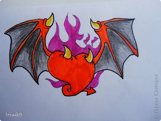  Подправленная работа. Рисовала с сайта->  http://www.dragoart.com/tuts/1715/1/1/how-to-draw-a-winged-devil-heart.htm
Фломастеры + цветные карандаши + простой карандаш. (фото 12)