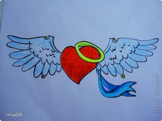 И снова подправленная работа. Рисовала с сайта-> http://www.dragoart.com/tuts/1586/1/1/how-to-draw-an-angel-heart.htm
Фломастеры + маркеры + простой карандаш. (фото 13)