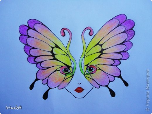 Идея взята отсюда-> http://www.dragoart.com/tuts/14674/1/1/how-to-draw-tattoo-butterfly-eyes.htm
(возможно эту работу я тоже подправлю)
Черная шариковая ручка + цветные карандаши + простой карандаш. (фото 14)