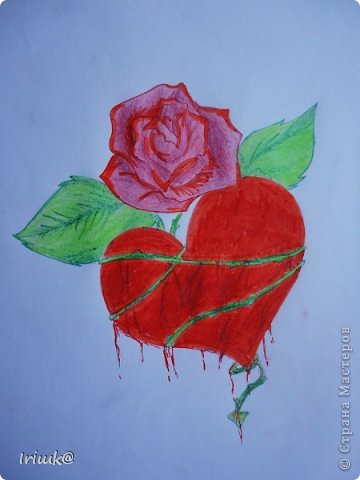 Рисовала отсюда-> http://www.dragoart.com/tuts/1668/1/1/how-to-draw-a-thorned-heart.htm (конечно доработка еще нужна).
Маркеры + цветные карандаши + простой карандаш. (фото 15)