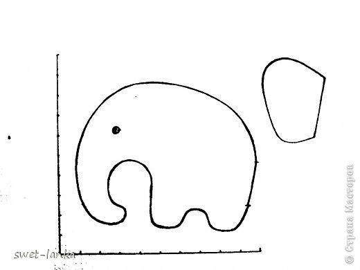  И так мне захотелось хоть на немножко вернуться в детство, завести себе маленького  слоника в кармане!
 
 Вам тоже захотелось такого слоника? Давайте сошьем вместе! 
Нам понадобится: небольшой отрез ткани ( у меня плотный американский хлопок), небольшой кусочек фетра, маркер по ткани,  2 черные бусинки, нитки ирис, шнурок, иголка, ножницы, холлофайбер.
Выкройка с сантиметровой шкалой (фото 2)