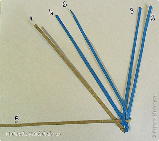 С правой стороны соломину 6 перегнем от себя за соломину 2 и поверх соломины 3 параллельно соломинам 1, 4.   (фото 8)
