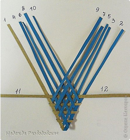 Добавляем дополнительную четвертую соломину с концами 11, 12 изнаночной стороной вверх и укладываем поверх крайних соломин 1, 2 и под средние соломины 4,6,8, 10, 9, 7, 5, 3 как показано на фото.  (фото 16)