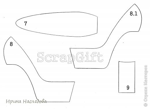 Шаблоны для внутренней стороны туфельки:
7 - стелька;
8 и 8.1 - боковые части;
9 - задник. (фото 8)