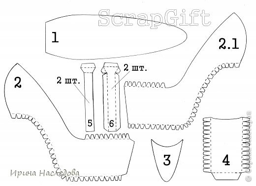 Здесь качество шаблонов лучше: http://irina-scrapgift.blogspot.ru/2013/11/blog-post_25.html#more
Шаблоны основы туфельки:
1 - Подошва туфельки;
2 и 2.1 - боковые детали;
3 - носок;
4 - задник;
5 и 6 - детали каблука. (фото 7)