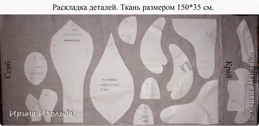 Раскладка детелей на ткани. Учтите! Ткань сложена не посередине. Для удобства раскроя, сделайте выкройки руки, ноги, уха по две штуки. Припусков на швы нет. (фото 2)