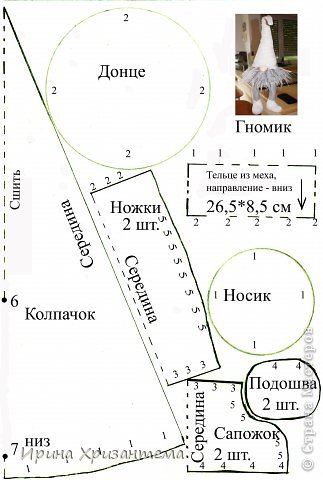 Распечатайте выкройку на листе формата А4. Делаю маленькие пояснения. Цифры на выкройках - места соединения деталей. Учтите направление меха. Используйте подлиньше. Мех резала бритвочкой. При сшивании колпачка шов не делать от цифры 6 до цифры 7. Мех соедините и сшейте встык. Ножки и сапожок сшейте по цифрам 333 , затем по цифрым 555, пришейте подошву по цифрам 444. Набейте плотно ножки, сверху не набивайте сантиметра три. Иначе они не будут свисать. Сшейте донце, ножки и тельце по цифрам 222. Пришейте колпачок к тельцу по цифрам 111.  (фото 3)