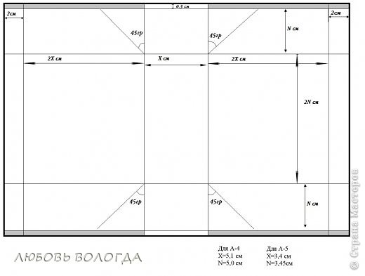 Схему разрабатывала для практической работы студентов, решила поделиться и с вами. Главной задачей было, чтоб коробочка делалась без отходов из листа А-4. Но я просчитала соотношения деталей и теперь можно делать коробочки, отталкиваясь не от листа, а от размера подарочка, так как можно определить размеры основания (Х и 2N), и рассчитать остальные размеры. Постоянными остаются только самые крайние - 2см и 0,5 см соответственно. Серые части можно отрезать, если взята бумага очень плотная или картон. (фото 2)