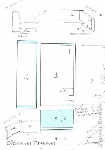 1. Сшейте два одинаковых матраца. Не буду давать определенные размеры, потому что куклы у всех разные. Для своего дивана я использовала 4 поролоновые губки для мытья посуды, две губки для сиденья, две для спинки. Если вы планируете сделать диван для куклы Барби, то Вам наверняка потребуется 6 губок.
2. Матрацы сшиты, теперь приступим к моделированию каркаса дивана. Ниже приведена схема, по ней и будем моделировать.
3. Длина детали №7 должна быть равна длине уже сшитого матраца. Как рассчитать ширину деталей №1,3,4,5,6 и 7 показано на рисунке "а". Помня о том, что каркас мы делаем из гофрокартона, делаем длину детали №1 больше длины детали №7 примерно на 6-7 мм, а длину детали №2 на 12-14 мм больше длины детали №1. Высота детали №2 должна быть равна высоте деталей №4 и №6. Их высоту попробуйте рассчитать сами. 
4. На схеме деталь №1 показана с прорезями для ножек, которые будут крепиться к детали №7. Если вы не планируете делать диван с ножками, не делайте вырезы. Или, если сомневаетесь, оставьте это на потом, в конце работы сделать их будет не сложно.
5. На схеме голубым цветом показаны места, где должны быть склеены детали. Используйте клей для картона, супер-клей, ПВА. Не рекомендую пользоваться клеем-карандашом, не выдержит конструкцию.
6. Приступаем к сборке. Посмотрите внимательно на рисунки "б" и "г".
Склейте между собой детали №3 и №4, также склейте детали №5 и №6,  Подлокотники готовы.
Приклейте подлокотники к детали №1. И придавая ровную форму, приклейте деталь №2.
Если вы все правильно сделали, то между дном и подлокотниками должны образоваться выемки.
Дайте подсохнуть клею, и "схватиться" деталям.
7. Оклейте каркас обивкой. Деталь №1 можно не оклеивать целиком, достаточно обработать "фасадный" край. Также оклейте "фасадный" край детали №7.
8. Приклейте один из матрацев к детали №7 как показано на рисунке "в".
9. Аккуратно вставьте деталь №7 в пазы между подлокотниками и дном. Деталь №7 должна выдвигаться и задвигаться.
10. Поставьте стенку-матрац на место. Диван готов.
11. Не забудьте приделать ножки дивану. (фото 2)