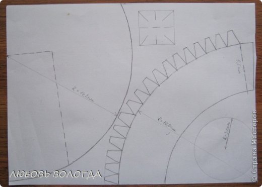 Методом проб и подгонок вышла на такие размеры: 
Радиус верхнего конуса 14,2 см.
радиус круга 3,6см,  
радиус детали с зубчиками 16см, высота 5,5см Длина нижней дуги, где хвостики, 22 см
квадратик -это схема надрезов.
 (фото 3)