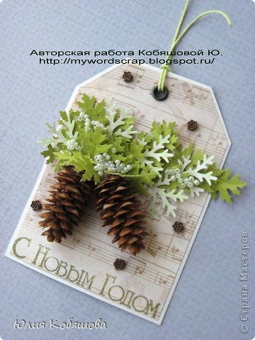 Тег, где основной элемент - ШИШКИ.
 Использовала скрап бумагу с нотами, дырокольные листочки и веточки, бусинки, бисер, который имитирует у меня снежок. Шишки настоящие.  (фото 4)