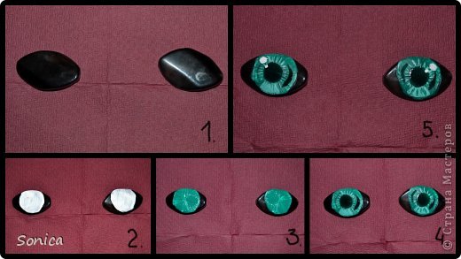 Как нарисовать глаза акриловыми красками.
1. Обезжирить поверхность.
2. Нарисовать белый круг.
3. Закрасить белый круг желаемым цветом. Краску нужно наносить из центра к краям.
4.Рисуем зрачок. У меня была только черная витражная краска, вот ей и капала на бусинку, а потом размазывала. Вокруг зрачка рисуем черным две дуги.
5. Добавляем блик. Два белых круга. Тот, что побольше, на границе с черной дугой. Что поменьше - у края зрачка.
Всё сохнет, при желании вскрывается лаком. У меня желание было, а вот лака не было. ))) (фото 9)