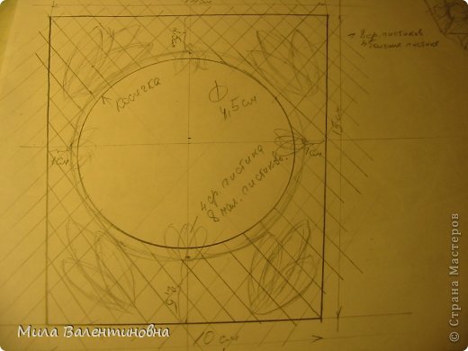 Все начинается с эскиза, придумываем и воплощаем!Вот так я примерно себе нарисовала и на бумаге и в голове. Прикинула, сколько мне нужно сделать листиков и какое расстояние между полосочками у сетки, ну и диаметр отверстия. Расстояние между полосочками нитки, маленькими советую не делать, примерно см2 или 1.5, высота фонарика 15 см. (фото 3)