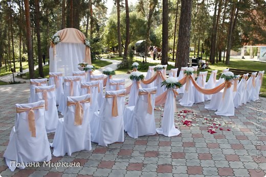 Здравствуйте творческие люди с золотыми руками! Выношу на Ваш суд еще несколько вариантов оформления площадок для выездной регистрации брака! Очень надеюсь на Ваши конструктивные замечания и комментарии, ведь взгляд со стороны помогает выявить недостатки. Я новичок в этом деле, но очень хочется заниматься этим делом и дальше, поэтому надеюсь на Вашу помощь в моем стремлении к совершенству))
Начну обзор с моего любимого варианта - персиковый цвет! Так площадка выглядела целиком. (фото 1)