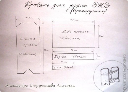 Дальше небольшой Мк по изготовлению такой мебели. Он не очень подробный (вспоминала про фотоаппарат периодически!), но принцип вполне понятен.
Сначала придумываем образ будущей мебели, делаем набросок и чертеж деталей из которых будет сделана. Прикидываем размеры. (фото 3)