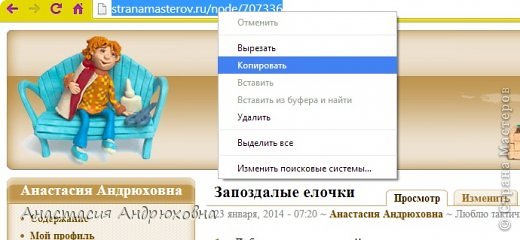 После того, как адрес страницы выделен, нажмите на него ПРАВОЙ кнопкой мыши. Появится контекстное меню, здесь вам необходимо выбрать пункт "Копировать". После выбора пункта "Копировать" контекстноее меню исчезнет. (фото 3)