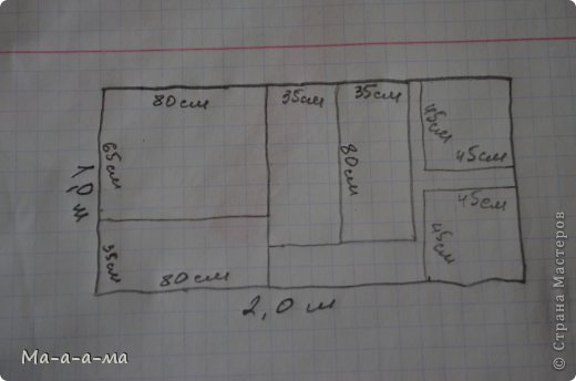 Мы решили сделать достаточно большой диван, чтобы на раскладном поместились 2 ребенка лёжа. Это размеры: спинка 80 см * 65 см, две боковушки 45см * 45см, и сидушка состоит из 3х частей - 35см * 80 см. (фото 4)