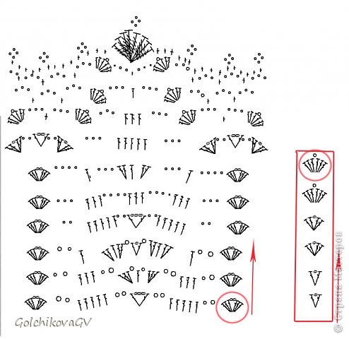  А это низ сарафана. Первый ряд почти соответствует 11 и 14 ряду, лишь вместо рогатки вяжется розетка для расширения сарафана (на рисунке обведено в кружок).  Сбоку в красном прямоугольнике показано как постепенно перейти к розетке.  Несколько рядов вязать с рогаткой по вашему усмотрению (на рис- 2), несколько - розеткой из 4 столбиков (на рис тоже 2), далее из 6-ти. (фото 9)