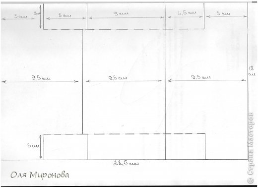 Может кому пригодится  шаблон основы открытки. Пунктирная линия - линия надреза, прямые линиии - линии сгиба (как сгибать смотрите по моей открыточке). Старалась прописать все размерчики, но все же если что то не понятно - прокомментирую. (фото 5)