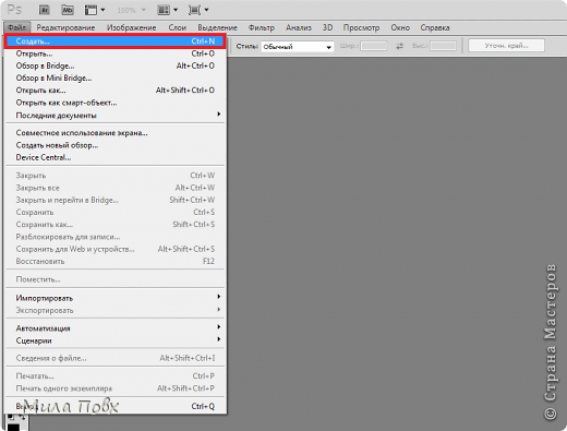 Открываем фотошоп.Дальше заходим в "Файл" и выбираем кнопку "Создать...".Либо жмем комбинацию клавиш "Ctrl+N". (фото 2)
