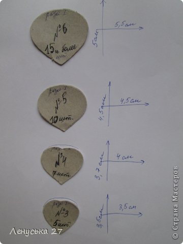 Шаблоны лепестков и размеры (все те же из предыдущей записи "Роза - мечта селекционера". Изменилось только количество лепестков, вывела опытным путем). Лепестки вырезаем с круглым верхом. Нижние лепесточки сделаны сердечком - это результат моих экспериментов, НЕ ПОНРАВИЛОСЬ! Делаем кругленькие. (фото 2)