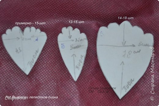 Итак начнем...нам понадобиться:

1.Фоам (светло розовый,темно розовый,при необходимости зеленый)

2.Клеевой пистолет.

3.Гофра бумага

4.Выкройки см.фото

5.Утюг

6.Ножницы

7.Апельсиновая палочка(зубочистка)

8.Краски акрил или пастель(в случае если будет желание под тонировать цветочек)

9.Проволока,на случай если вы решили делать цветок для интерьера..

10.Фольга

11.Ну и главное,желание,немного времени и терпение цветы

 По этим выкройкам,пион получился в окружности 12 см...соответственно меньше размер выкройки, меньше цветок.. (фото 2)