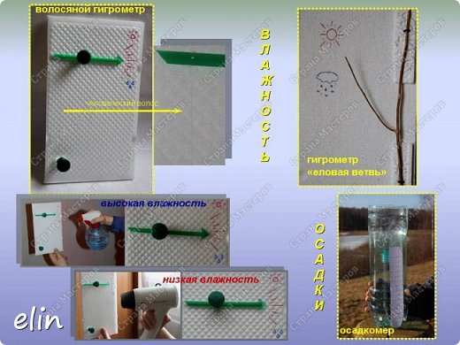 - волосяной гигрометр. Действие его основано на свойстве волоса изменять свою длину при изменении влажности воздуха. Волос при повышении влажности удлиняется, натяжение ослабевает, стрелка опускается. Понижаем влажность при помощи фена, стрелка возвращается на место.
- гигрометр "еловая ветвь". Ветви хвойных деревьев опускаются перед дождём или снегом и поднимаются перед ясной погодой. Эта способность сохраняется и у сухих еловых ветвей. Низкой влажностью воздуха, считается 30 – 40%, а это значит, что воздух становится сухой. Повышенная влажность воздуха, это 70 – 90%, когда климат характеризуется частыми осадками.
- осадкомер. Осадки имеют очень важное значение для земли. Без воды не могут жить ни растения, ни животные. Количество выпавших осадков измеряется в миллиметрах. В среднем за год на земную поверхность выпадает около 1100 мм осадков.
(о том как сделать волосяной гигрометр узнали из СМ https://podjem-tal.ru/node/331621, с еловой ветвью все понятно, а осадкомер из пластиковой бутылки) (фото 16)