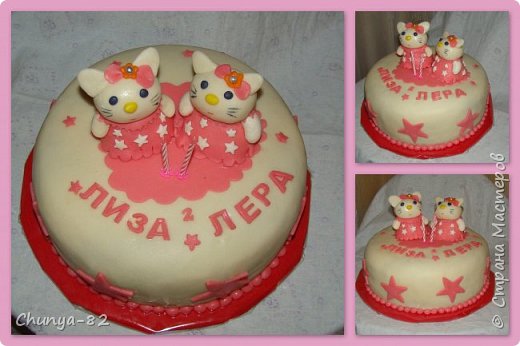 "Hello Kitty", этот тортик делала для девочек близняшек :). Правда китти не совсем получились, мастику делала на сгущенке, и они плыли (((.... (фото 2)