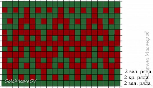 Схема ленивого жаккарда. Узор получается за счет вытянутых петель. Начиная снизу: 2зел. ряда (лицевой и изнаночный), далее 2 красных ряда, там где зел. цвет - петли не провязываются, а снимаются. Далее 2 зел. ряда, там где красный цвет опять- таки петли не провязываются, а снимаются и т. д.  (фото 5)