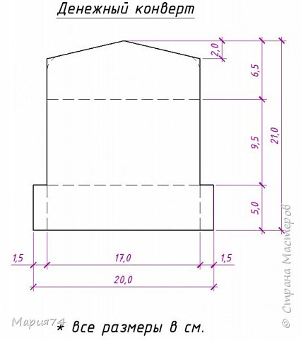 Ну, и схемка конверта. Подбирала сама - исходя из ширины купюр, а высоту взяла по листу А4 - чтобы не плодить лишние обрезки))) Карточку вырезала из остатков листа - там размер под дырокол 3,25х5 - в дюймах. (фото 13)