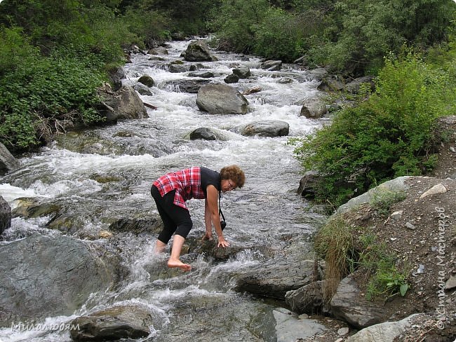 А это я пробираюсь на берег.Вода ледяная, речка быстрая, камни скользкие... Ну ведь надо же красивый кадр получить!.. А Саша успевает любимую тетушку фотогравировать (фото 85)