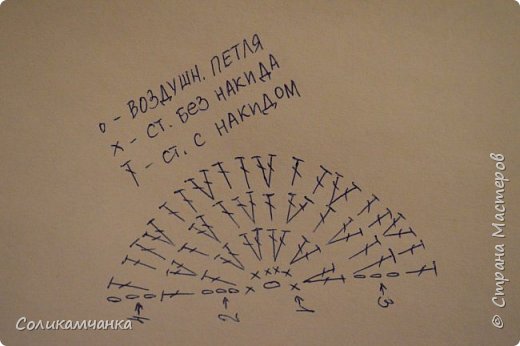 В воздушную петлю набираем 6 столбиков без накида и вяжем с прибавками по схеме столбиками с накидом. (фото 14)