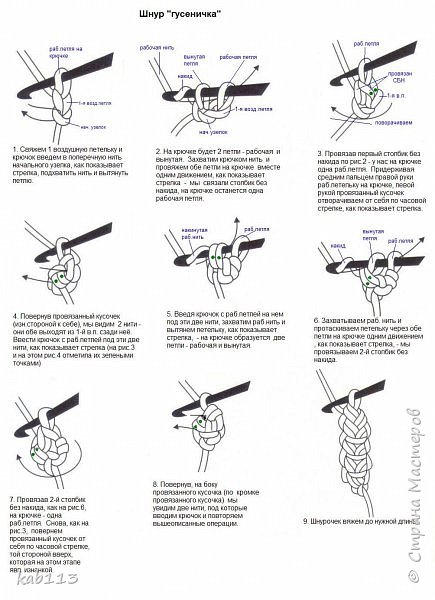 научилась вязать шнур, называемый "гусеничка" по такой инструкции 
есть например вот тут: http:// < ссылка удалена в соответствии с п. 2.4. <a href="/print/regulations">ПС.</a> > /vjazanie-krjuchkom/613253-vjazanie-krjuchkom-shnur-gusenichka-shnur.html (фото 8)